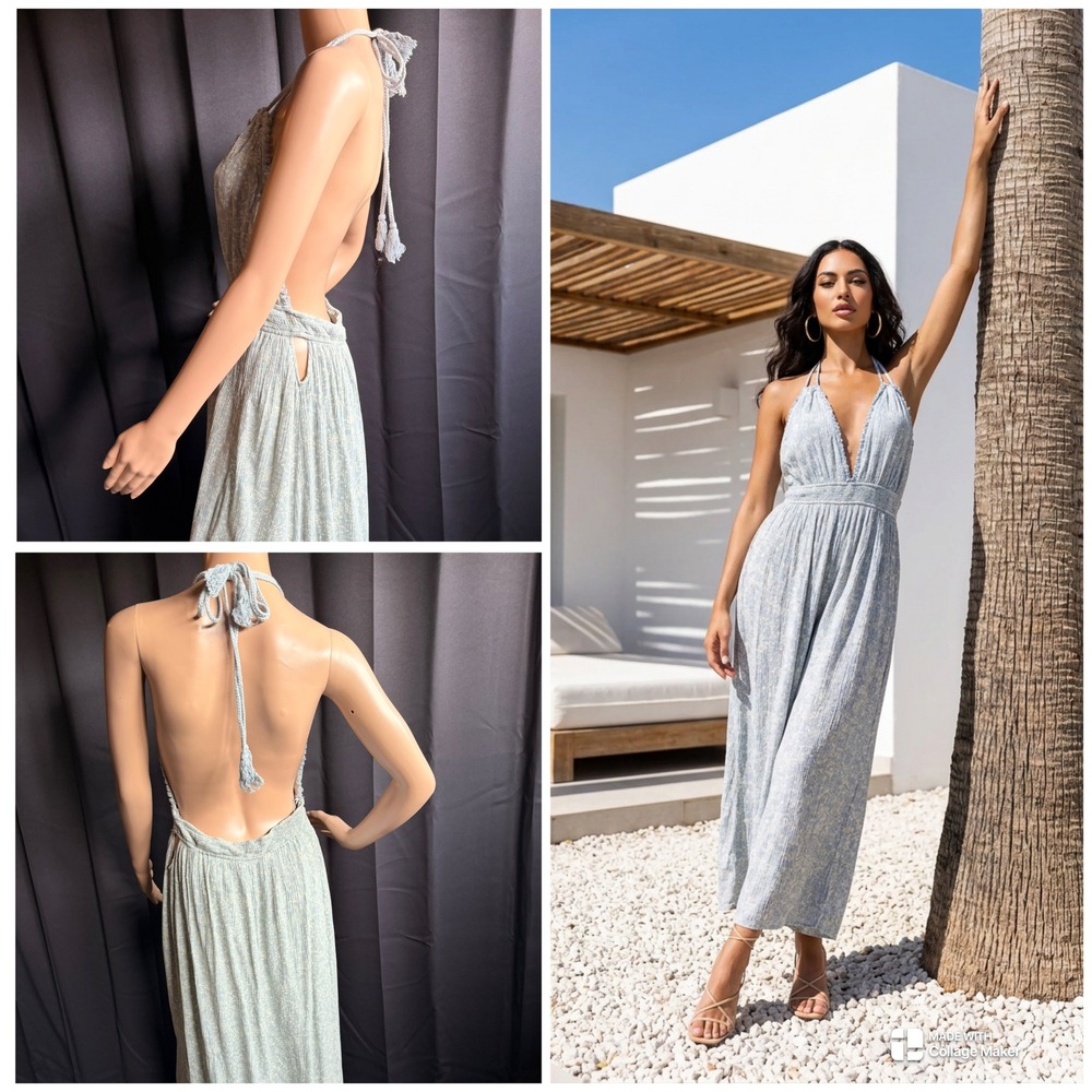 Paper Moon Blue Floral Halter Maxi Goddess Dress Backless Boho Lg Ethereal Flowy